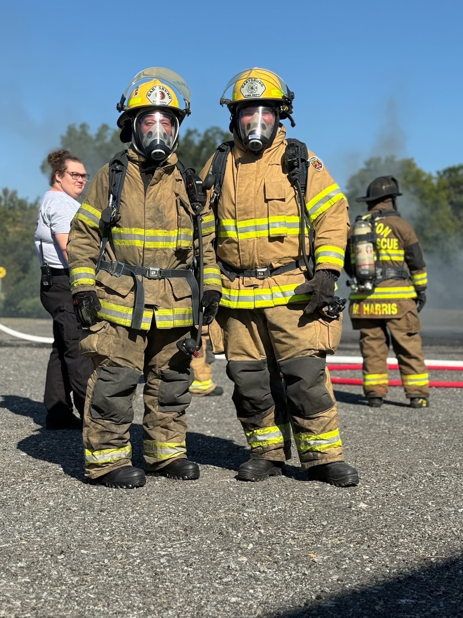 Garysburg firefighters geared up in full turnout gear and SCBA during a live training burn