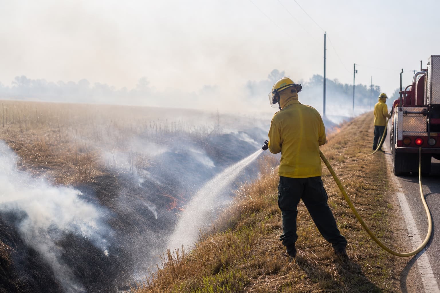 Firefighter knocking down a roadside grass and brush fire along a rural field