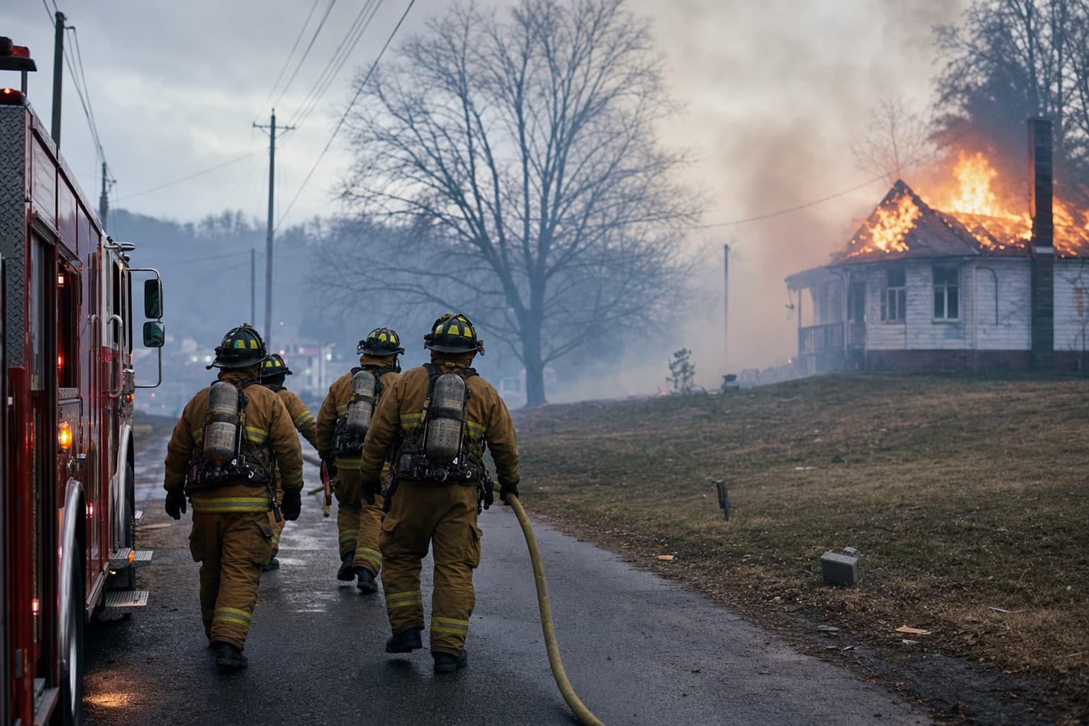 Garysburg Volunteer Fire Department firefighters advancing a hose line toward a house fire at dusk