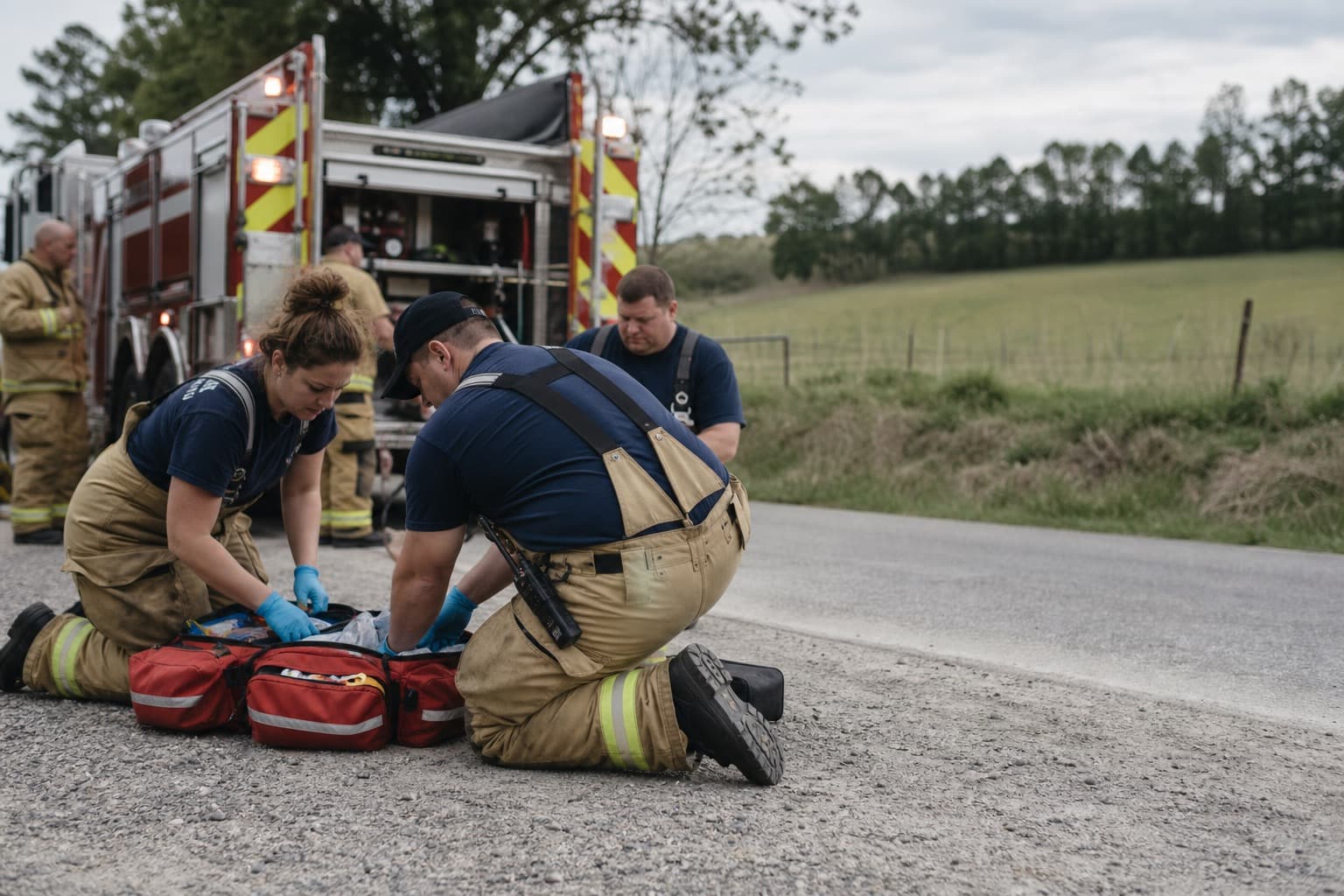 Volunteer firefighters providing first responder support with a medical bag at an emergency scene